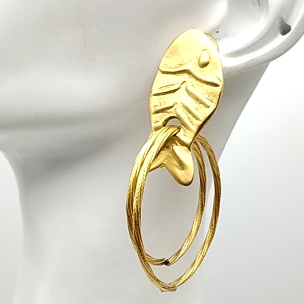 Vintage Norma Jean Matte Gold Fish Hoop Earrings Unique Double Hoop Dangle